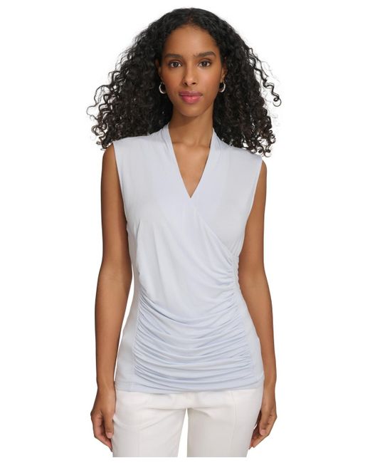 Calvin Klein White Solid Ruched-front V-neck Sleeveless Blouse