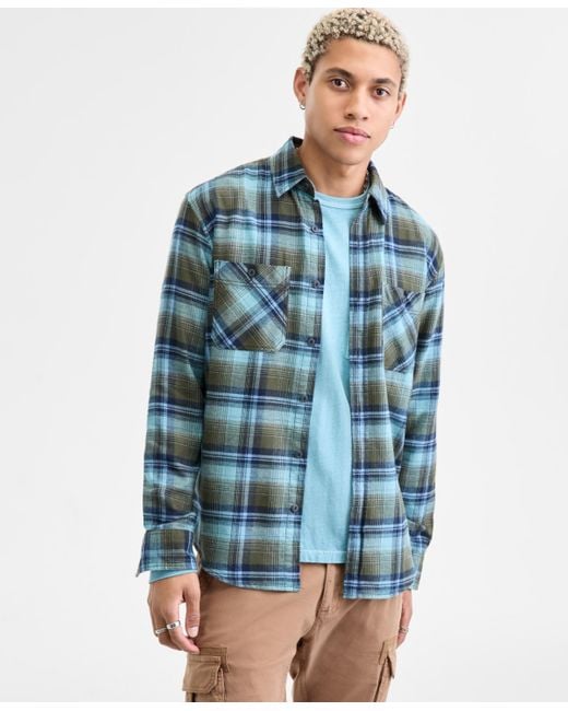 Sun & Stone Blue Sun + Stone Wade Long-sleeve Cotton Flannel Plaid Shirt for men