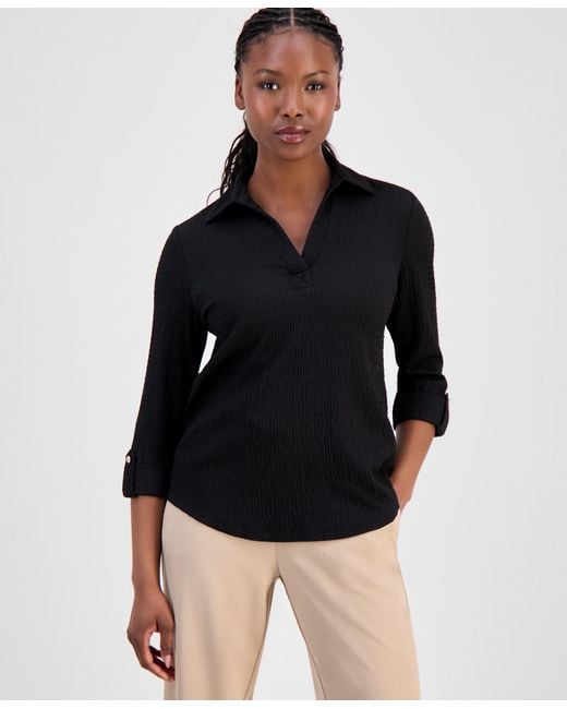 Anne Klein Essentials Black Petite Textured Split-neck Top