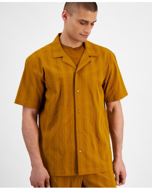 Alfani Orange Short Sleeve Textured Button-front Camp Shirt for men