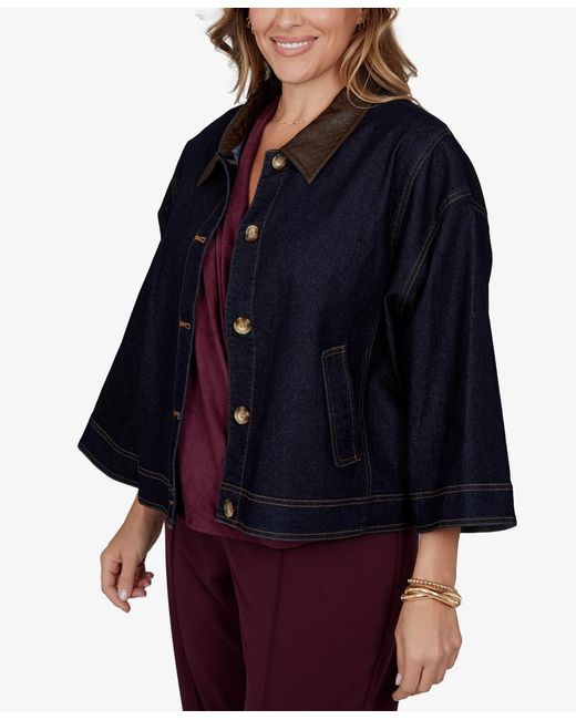 Ruby Rd Blue Plus Size Stretch 3/4-sleeve Denim Jacket