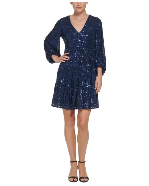 Eliza J Blue Sequinned Tiered Fit & Flare Dress