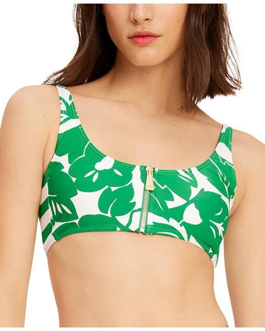 Kate Spade Green Printed Zip-front Bikini Top