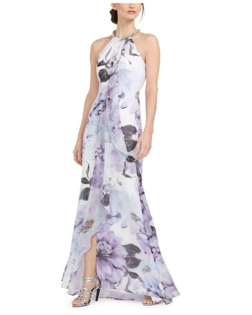 Calvin Klein Purple Floral Draped Halter Gown