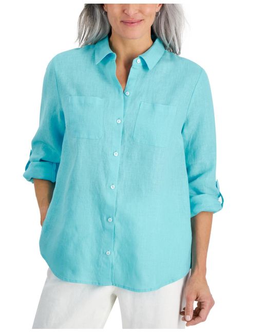 Charter Club Blue Petite 100% Linen Button-front Shirt