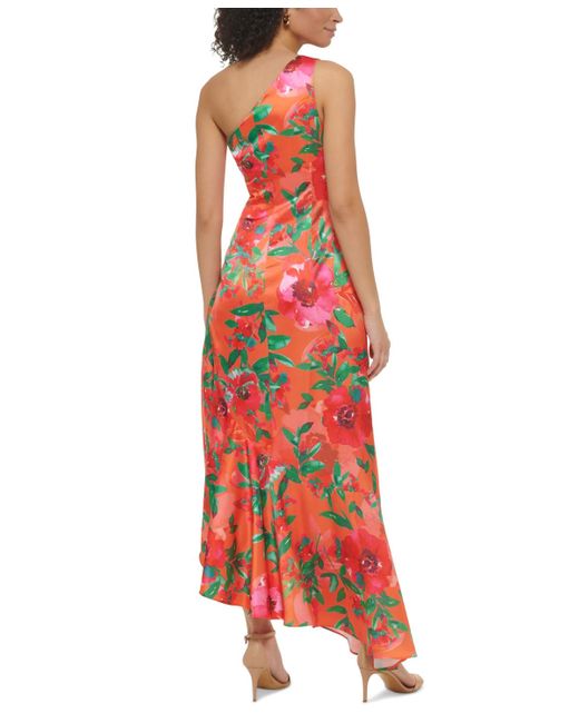 Eliza J Red Floral-print One-shoulder Maxi Dress