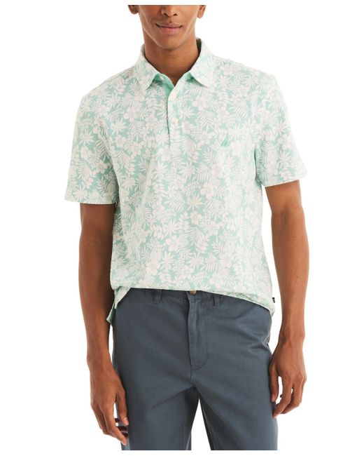 Nautica Blue Floral Print Pique Short Sleeve Polo Shirt for men