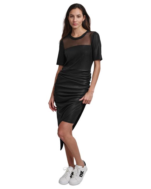 DKNY Black Mesh-yoke Foil Rib-knit Asymmetric-hem Dress