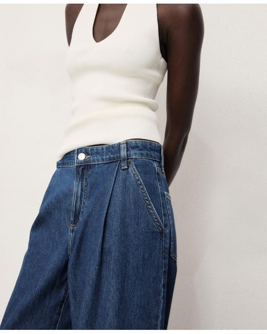 Mango Blue Wide Leg Pleated Jeans