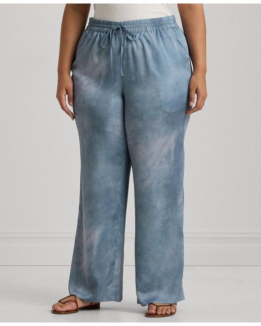 Lauren by Ralph Lauren Blue Plus Size Printed Charmeuse Pants
