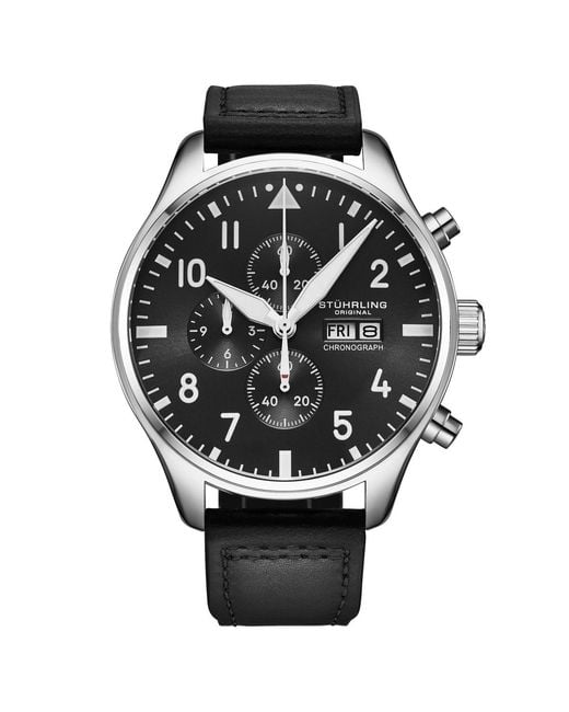 Stuhrling Black Navigator 4075 Men S 43mm Green Sunray Dial Brown Leather Strap Chronograph Quartz Watch for men
