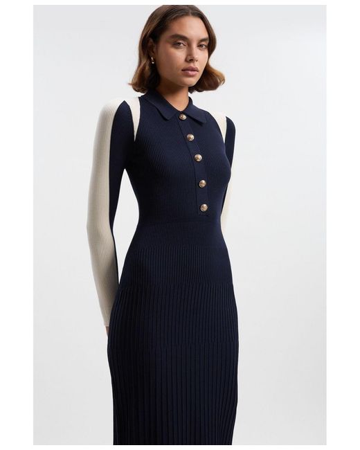 Karen Millen Blue Rib Knit Color Block Midi Dress