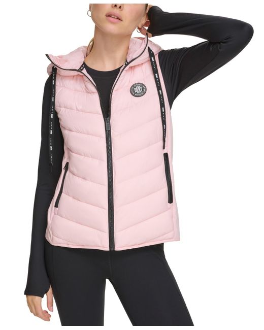 DKNY Pink Sports Hooded Logo Puffer Vest