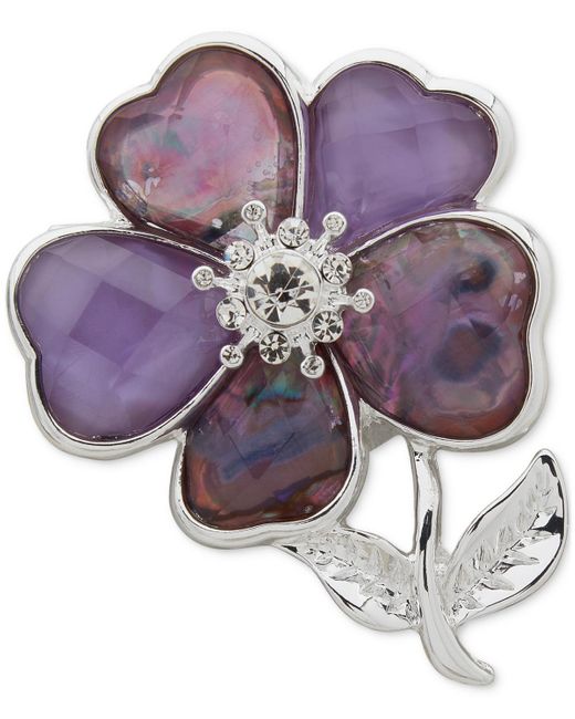 Anne Klein Purple Silver-tone Crystal & Stone Flower Pin