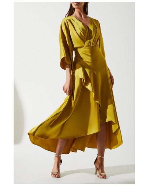 Coast Yellow Satin Back Crepe Ruffle Wrap Midi Dress