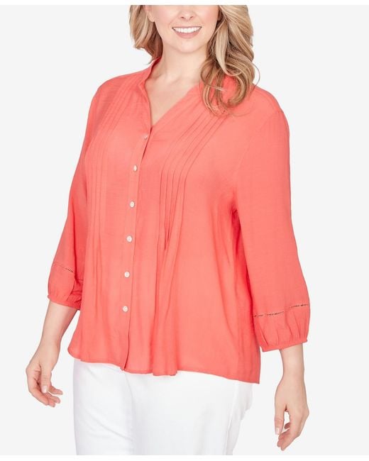 Ruby Rd Pink Plus Size Solid Silky Slub Pleated Button Front Top