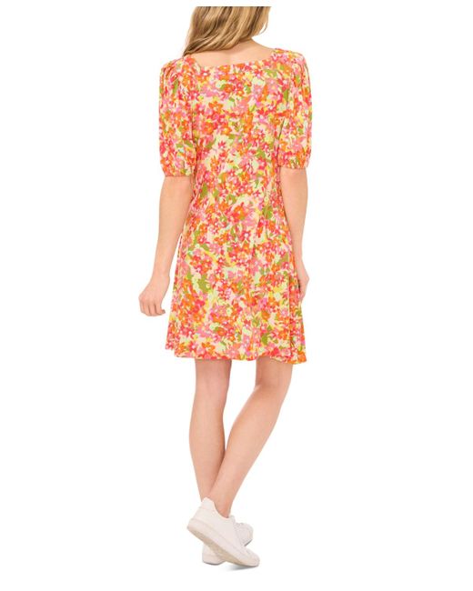 Cece Red Printed Square Neck Puff Sleeve Knit Dress