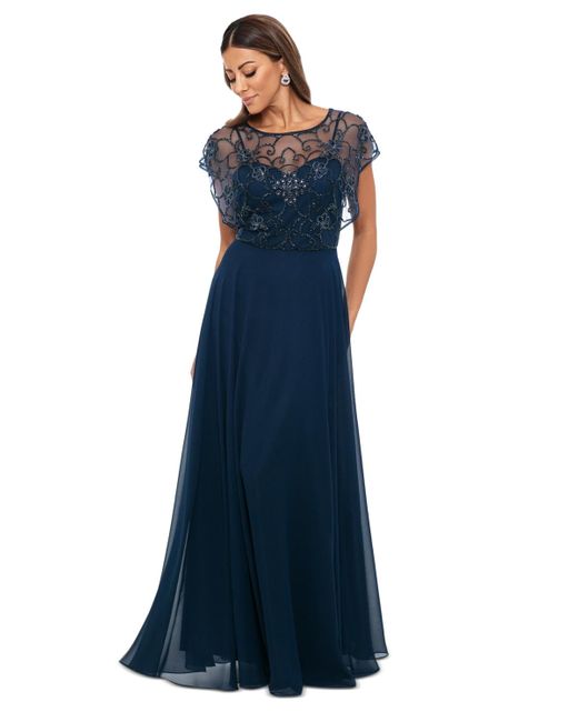 Xscape Blue Beaded-overlay Boat-neck Long Dress