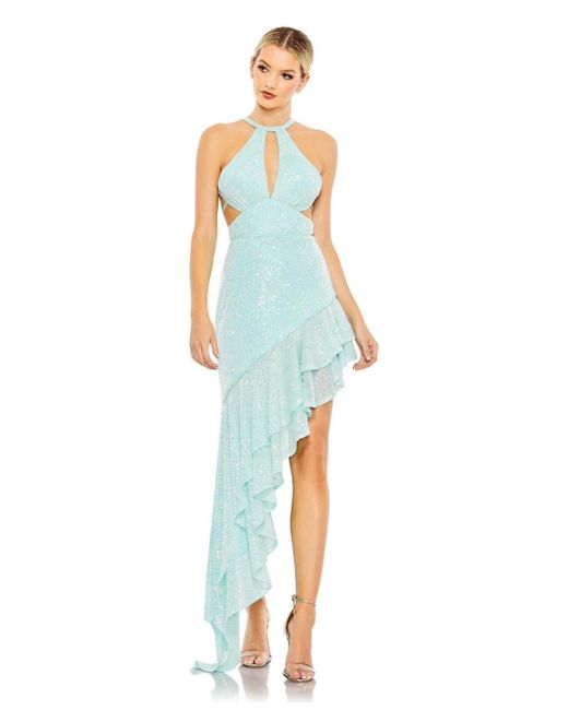 Mac Duggal Blue Ieena Sequined Halter Cut Out Ruffle Asymmetrical Dress