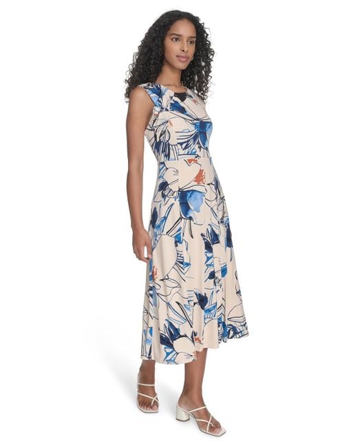 Calvin Klein Blue Printed Sleeveless A-line Dress