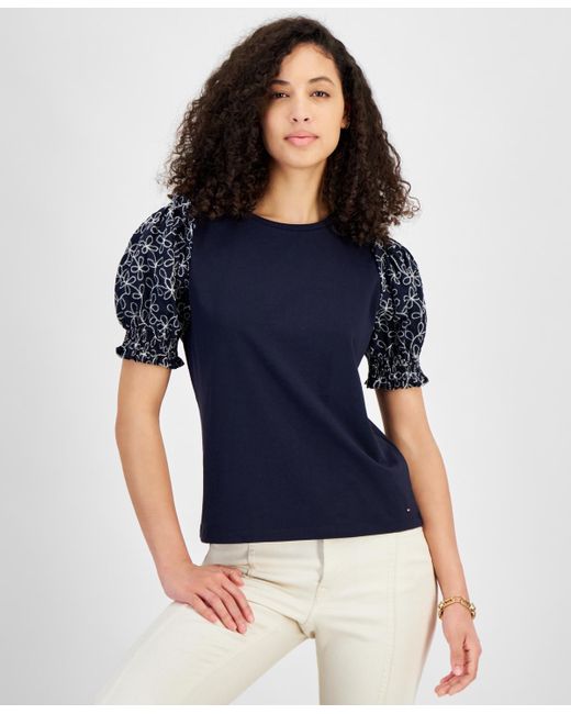 Tommy Hilfiger Blue Round-neck Contrast-sleeve Top