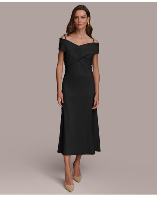 Donna Karan Black Off-the-shoulder Crossover Midi Dress