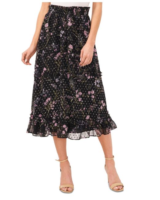Cece Black Floral-print Smocked-waist Tiered Midi Skirt