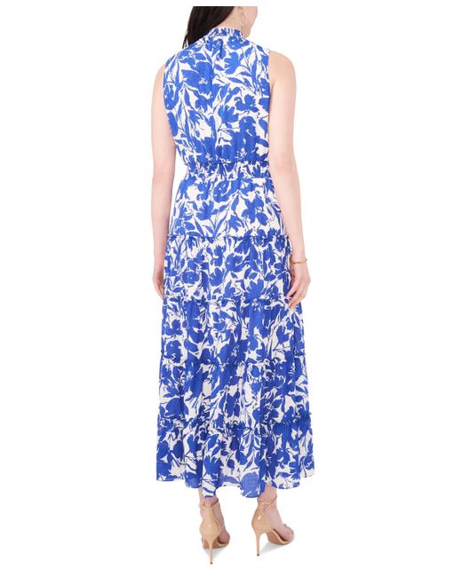 Msk Blue Floral-print Tiered Maxi Dress