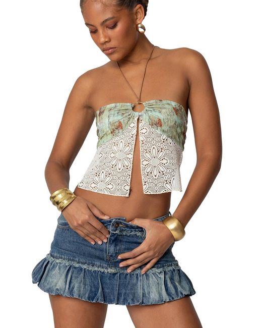 Edikted Blue Kloe Backless Crochet Split Front Top