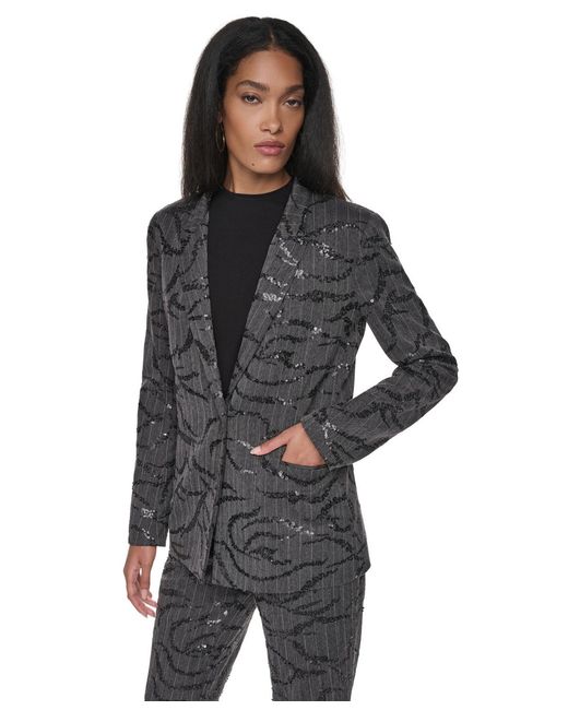 DKNY Black Sequin Herringbone Stretch Blazer