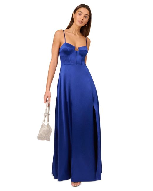 Adrianna Papell Blue Satin Corset Maxi Dress