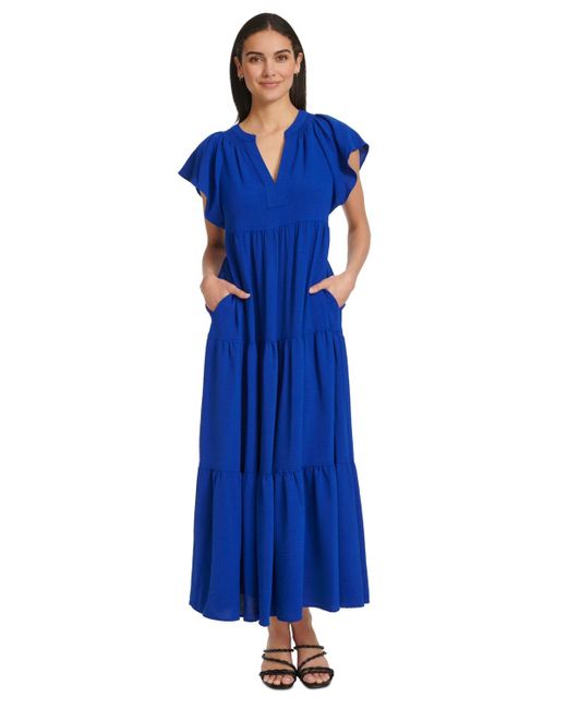 Calvin Klein Blue Short-sleeve Tiered Maxi Dress