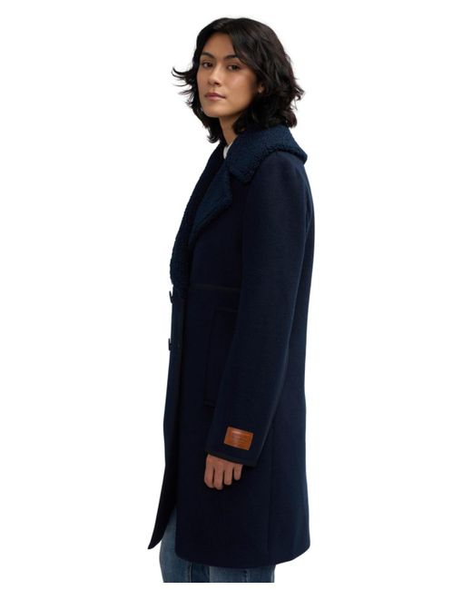 Scotch & Soda Blue Runa Double Breasted Double Face Wool Peacoat With Sherpa Collar