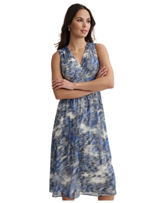 DKNY Blue V-neck Empire-waist Sleeveless Dress