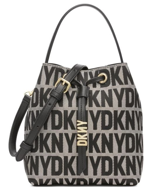 DKNY Black Shane Small Drawstring Signature Logo Bucket Bag