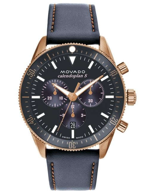 Movado Black Calendoplan S Swiss Quartz Chronograph Leather Strap Watch 42mm for men