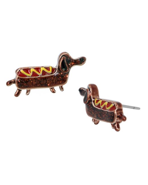Betsey Johnson Brown Multi-colored Dachshund Hot Dog Stud Earrings