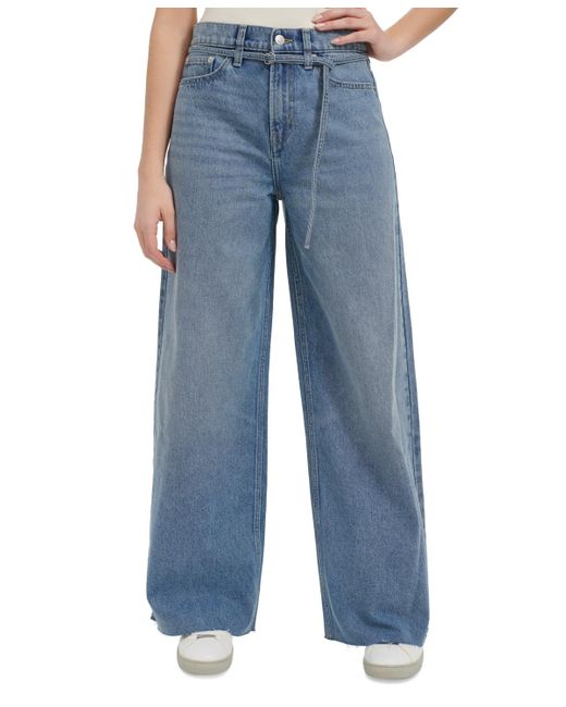 Calvin Klein Blue Cut-hem High-rise Wide-leg Belted Cotton Denim Jeans