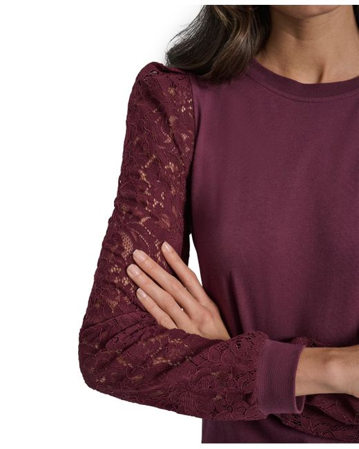 DKNY Blue Lace Puff-sleeve Crewneck Top