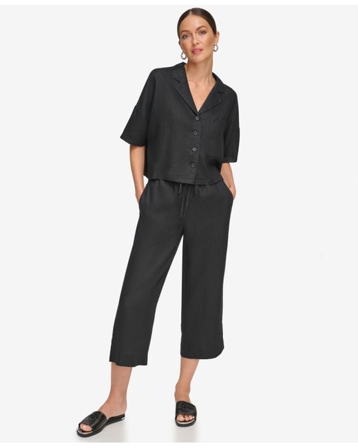 DKNY Black Button-front Dolman-sleeve Linen Top
