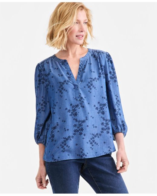 Style & Co. Blue Printed Chambray Split Neck Blouse