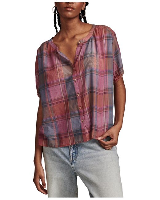 Lucky Brand Red Cotton Plaid Smocked-shoulder Blouse