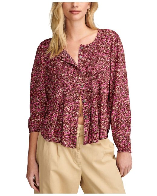 Lucky Brand Red Printed Button Down Pintuck Top