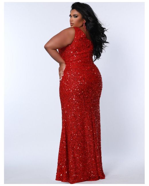 Sydney's Closet Red One-shoulder Sequin Evening Gown