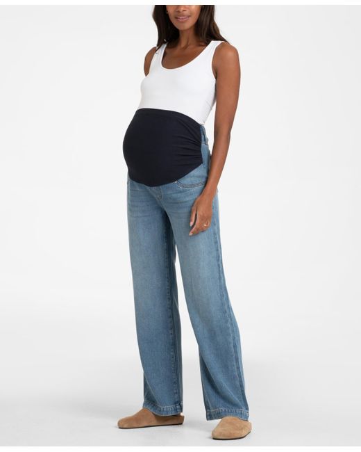 Seraphine Blue Maternity Mid Bump Wide Leg Maternity Jeans