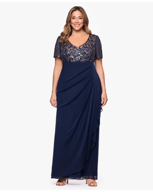 xscape short dresses Demi Scuba Short Sleeve Side Ruched Gown