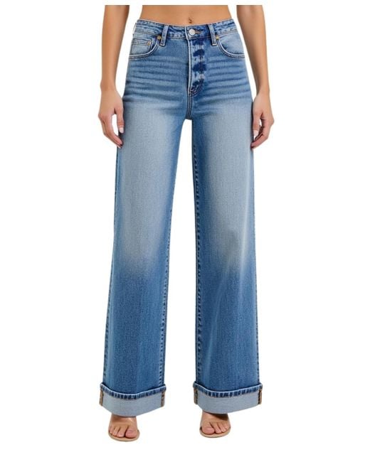 Modenaire Blue Wide-leg Button-fly Cuffed Patch Pocket Jeans
