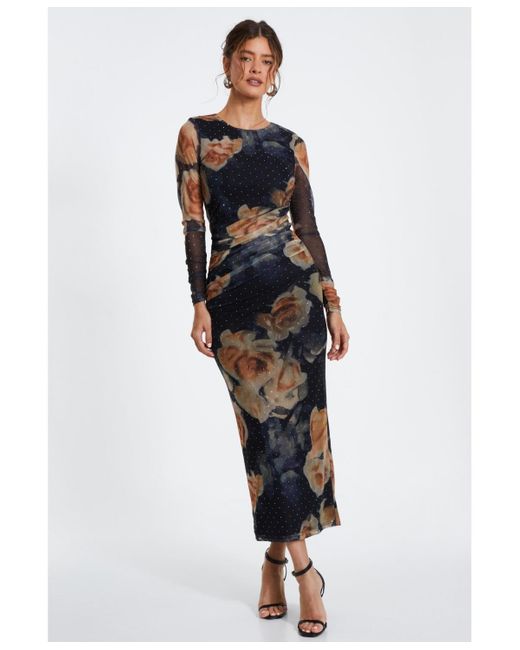 Quiz Floral Rhinestone Mesh Round Neck Maxi Dress in White Lyst