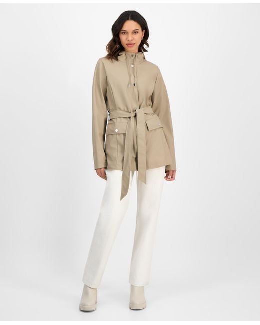 Rains Natural Tie-waist Snap-front Hooded Rain Coat