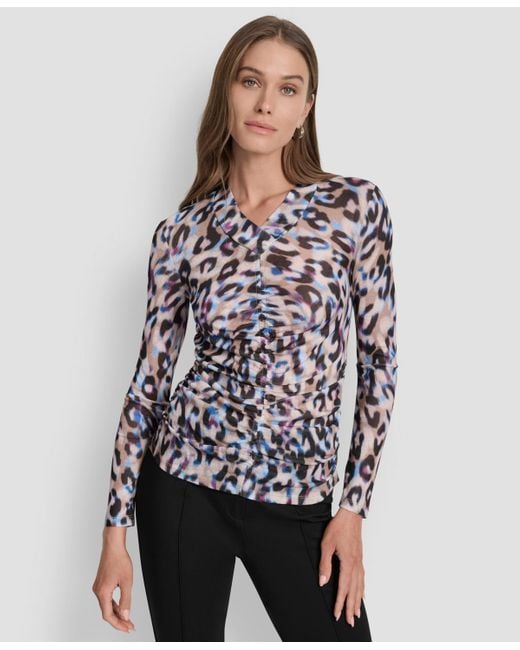 DKNY Multicolor Printed V-neck Ruched Top